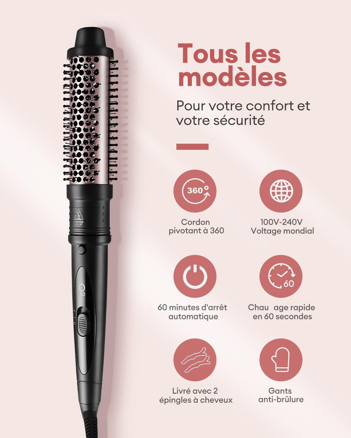 Brosse Chauffante,Brosse De Coiffure 38/32Mm, 2 En 1 Ensemble De Brosses Rondes Pour Volume Des Racines Et Boucles Lâches