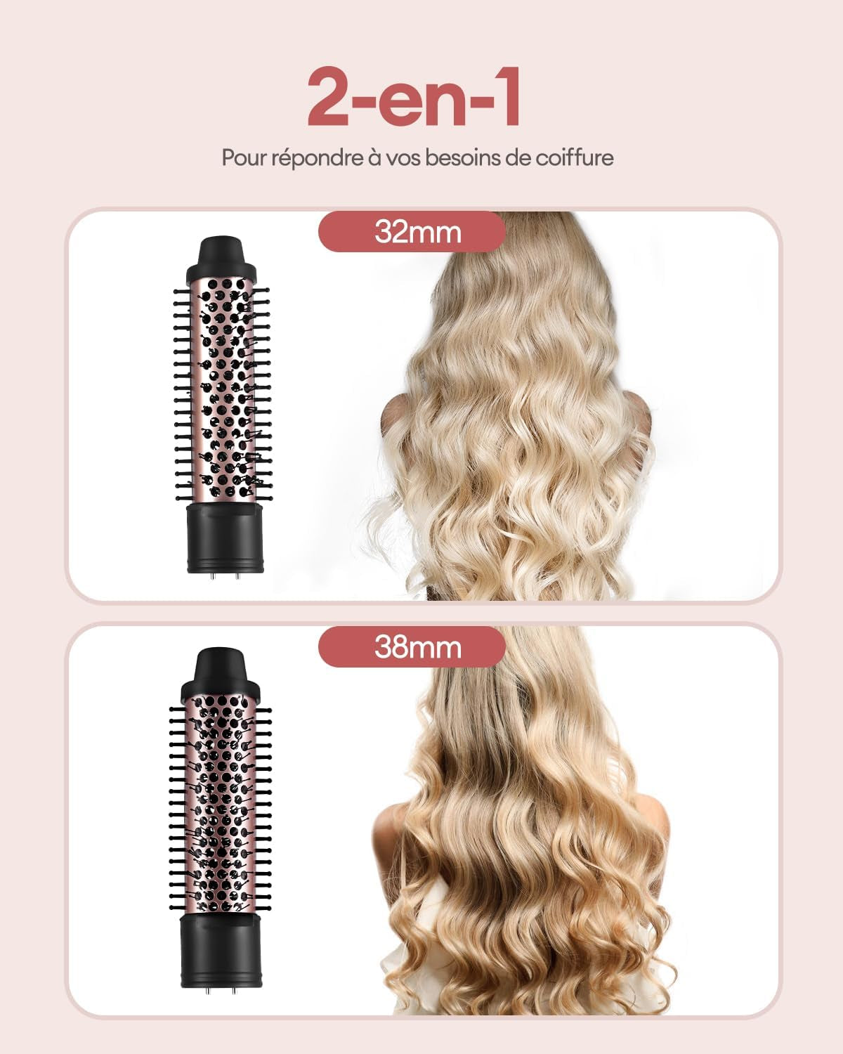 Brosse Chauffante,Brosse De Coiffure 38/32Mm, 2 En 1 Ensemble De Brosses Rondes Pour Volume Des Racines Et Boucles Lâches