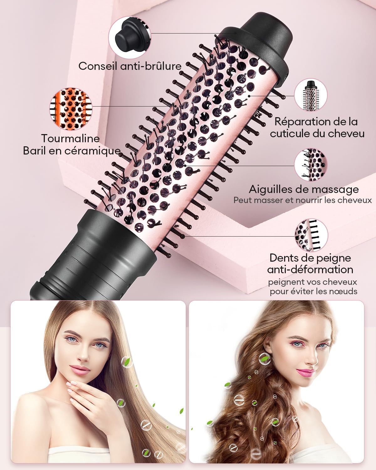 Brosse Chauffante,Brosse De Coiffure 38/32Mm, 2 En 1 Ensemble De Brosses Rondes Pour Volume Des Racines Et Boucles Lâches